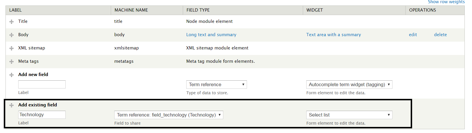 Content Type Existing Field Add