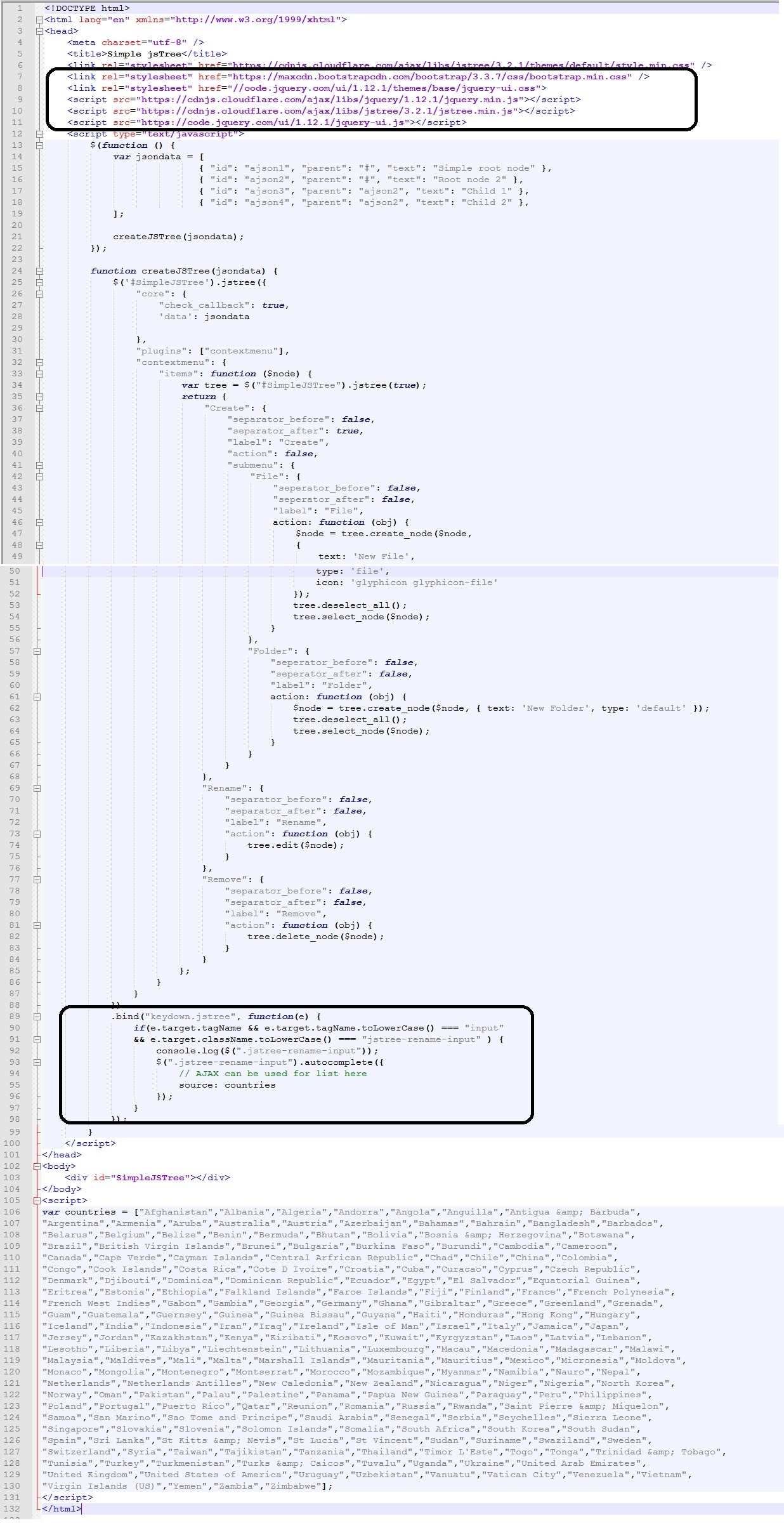 jsTree with autocomplete box code